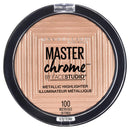 Maybelline Master Chrome metallic highlighter in molten gold on a white background
