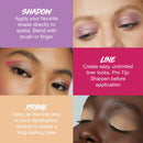 Makeup application guide with text on shadow, line, and prime steps.