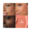 Close-up of a woman's face with different skin tones and a blush color swatch labeled 'SOL SEARCH'.