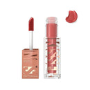 Lip gloss with applicator and swatch on a white background