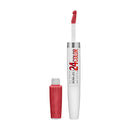 Lip gloss with red shade and white applicator on a white background