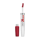 Red lip gloss with white applicator on a white background