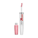 Lip gloss with pink applicator and white container on a white background