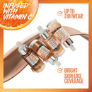Three bottles of Super Stay makeup with an orange slice and text about vitamin C, wear time, and coverage.