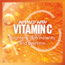 Product with text 'Infused with Vitamin C, Brightens skin instantly and overtime' on an orange background.