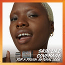Woman with makeup and a lip product with text about skin-like coverage.
