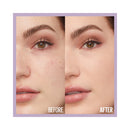 Before and after comparison of a woman's face with makeup application on eyes.