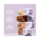 Maybelline Super Stay foundation bottles on a light purple background with product features listed.