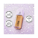 Maybelline Super Stay foundation bottle with water-resistant icons on a purple background