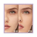 Before and after comparison of a woman's face with a focus on skin texture and makeup.