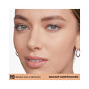 Close-up of a woman's face with neutral cool undertones makeup, unretouched.