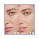 Before and after comparison of a woman's face with a focus on skin texture and color.