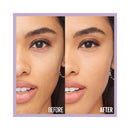 Before and after comparison of a woman's lips with a purple border.