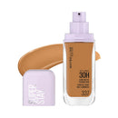 Maybelline Super Stay foundation bottle with beige color swatch on a white background