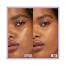 Before and after comparison of a woman's lips with a purple border.