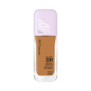 Maybelline Super Stay foundation bottle with beige shade and purple cap on white background