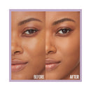 Before and after comparison of a woman's face with a visible makeup product.