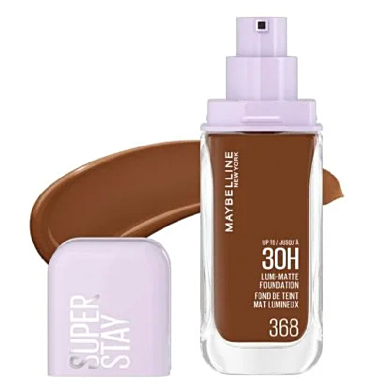 Maybelline Super Stay foundation bottle with applicator on a white background