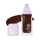 Maybelline Super Stay foundation bottle with a swatch on a white background