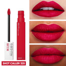 Maybelline Super Stay Matte Ink lipstick with packaging and application on lips.