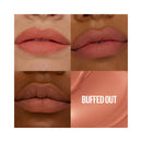 Collage of lips with a 'BUFFED OUT' lip color swatch on a white background