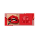 Red lipstick being applied to lips with a 'No Budget Vinyl Color' product name on a red background.