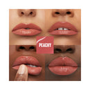 Lipstick color swatches on different skin tones with 'Peachy' label.
