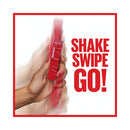 Red lipstick being held with 'SHAKE SWIPE GO!' text on a white background