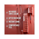 Superstay Vinyl Ink lip product with features listed on a red background