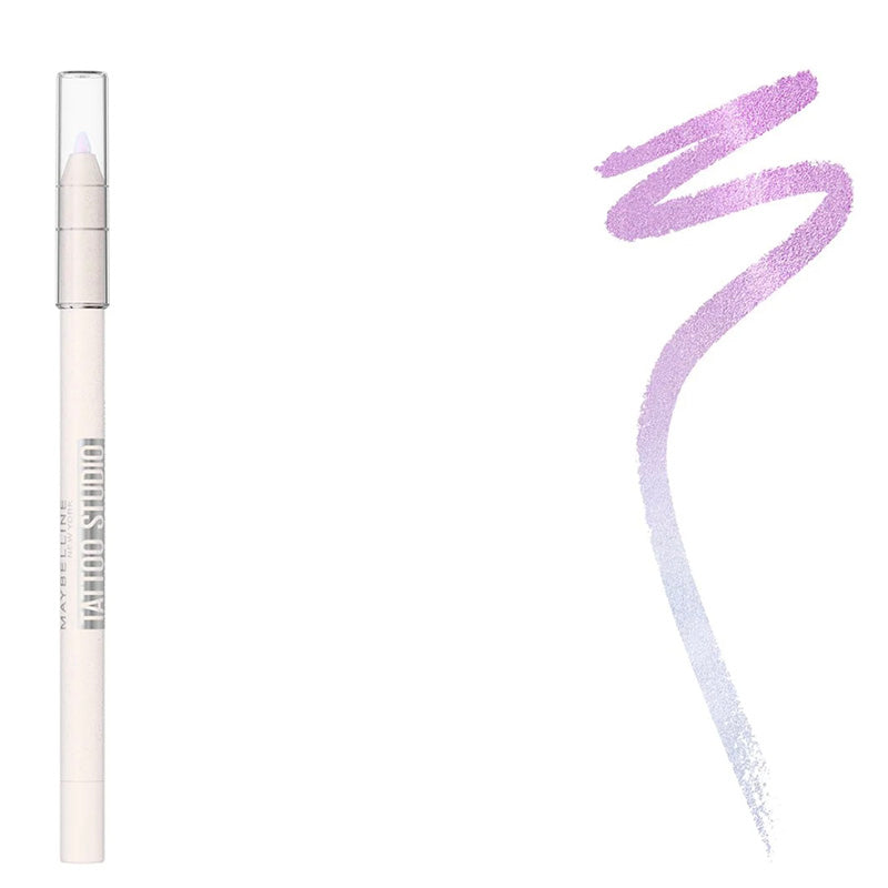 Makeup pencil with a swatch of purple color on a white background