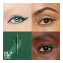 Close-up of eyes with green eyeliner and a Hunter Green makeup product on a green background.