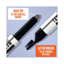Brow grooming product with wax tip and lifter brush on a light blue background