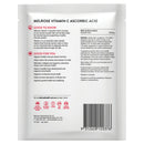 Back of a Melrose brand pouch of Melrose Vitamin C Ascorbic Acid, showing product details, usage instructions, and a barcode on a white background.