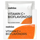 Melróse Vitamin C + Bioflavonoids daily nutrient powder shown as a single sachet package in front of a matching outer box on a white background.