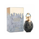 Perfume bottle and packaging with gold and gray design on a white background