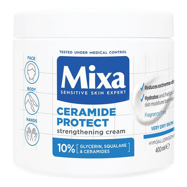 A package of Mixa Ceramide Protect Strengthening Cream, 400ml, labeled for very dry skin and indicating it's a product of the Mixa brand.
