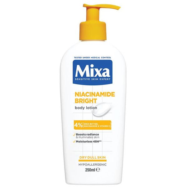 A pump bottle of Mixa Niacinamide Bright Body Lotion with product information and branding visible.
