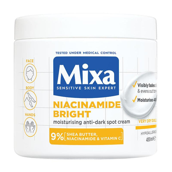 A jar of Mixa Niacinamide Bright Moisturising Anti-Dark Spot Cream, with the product information and ingredients displayed on the label.