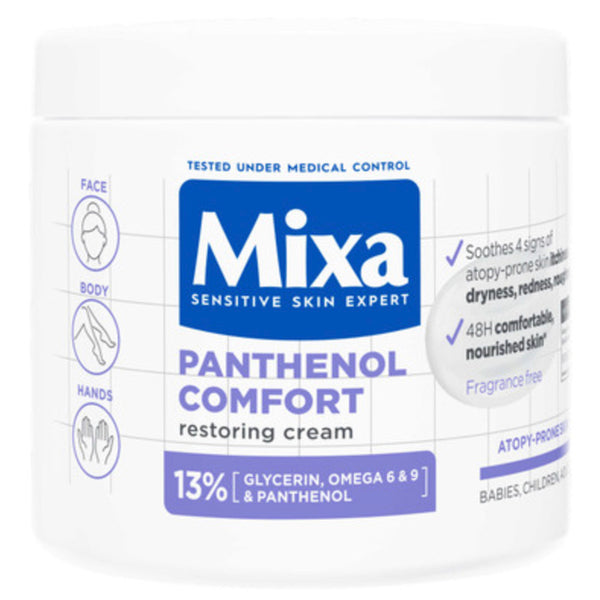 A container of Mixa Panthenol Comfort Body Cream with text highlighting its benefits such as soothing, nourishing, and moisturizing properties. The cream is designed for sensitive skin and atopic-prone skin.