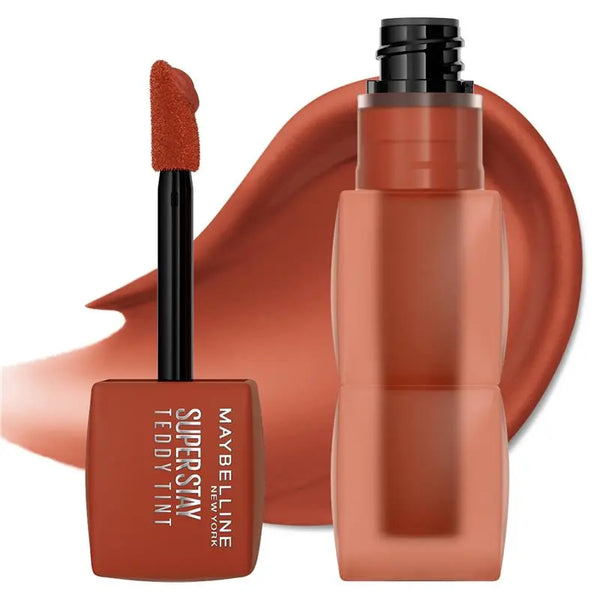 Maybelline Superstay Teddy Tint lip product with applicator on a white background