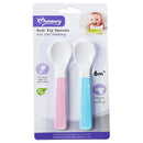 Packaging of two baby spoons with pink and blue handles on a white background