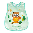 Baby bib with owl design and 'Momeasy' branding on a light green background