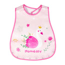 Pink baby bib with cartoon duck design and 'Momeasy' branding on a white background