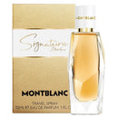 Montblanc Signature Absolu Travel Spray 30ml perfume bottle next to its textured gold and white packaging box.