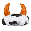 Inflatable cow-print pool float with two curved orange horns, shown on a plain white background.