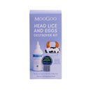 MooGoo Head Lice and Eggs Destroyer Kit in a light purple box, featuring a bottle of lice cream and an illustration of a cow hat shower cap.