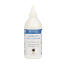 A white squeeze bottle of MooGoo Nits Off Nits Cream with a blue label and a small cow illustration, shown on a plain white background.