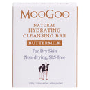 MooGoo Buttermilk Natural Hydrating Cleansing Bar packaging box, featuring a white background with brown and purple text and a small cow illustration.