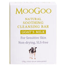 MooGoo Natural Soothing Cleansing Bar in Goat's Milk scent, shown in its white packaging box with gold and purple text and a small cow illustration.
