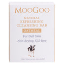 MooGoo Natural Refreshing Cleansing Bar Oatmeal packaging box, featuring a white background with gold and purple text and a small cow illustration.